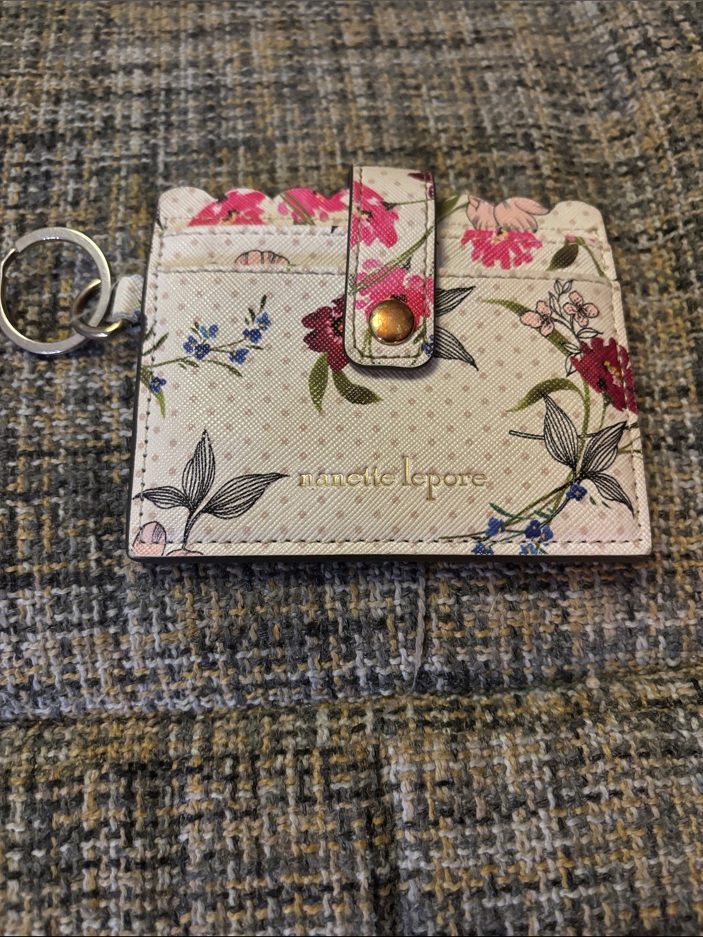 Nanette Lepore Cream Floral Cardholder Keychain with Pink Accents